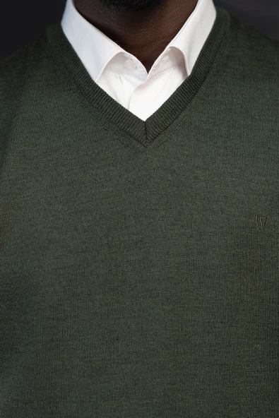 V Yaka Regular Fit Yünlü Kolsuz Triko Süveter - Resim 7