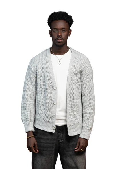 Oversize Crop Model V Yaka Düğme Kapamalı Örgü Hırka ürün görseli