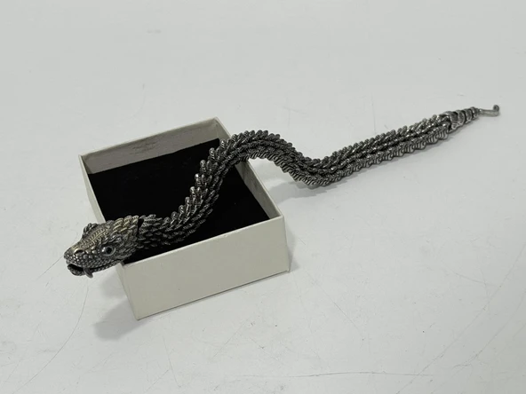 Viking Yılan Başlı 925 Ayar Gümüş Bileklik 25,5cm 83 Gram Sertifikalı - Resim 6