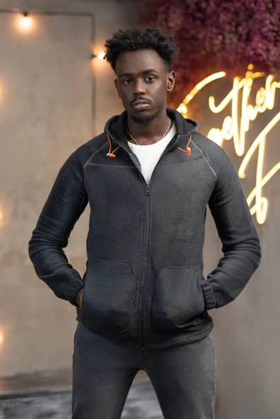 Slimfit Kapşonlu Yan Cepli Fermuarlı Spor Polar Hırka - Resim 3