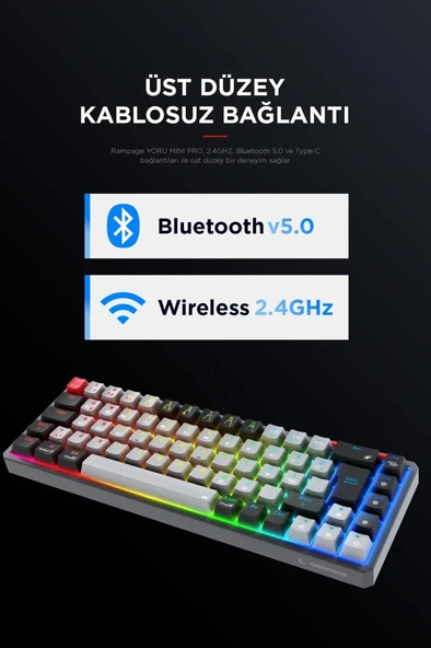 Rampage Yoru Mini Type-c Rgb Red Switch Mekanik Kablosuz Oyuncu Klavyesi 2.4ghz. - Resim 2