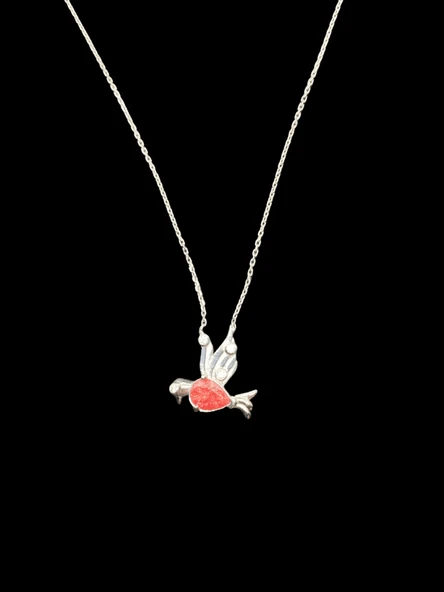 ? 925 Ayar İthal Gümüş Kuş Kolyesi | Orange Sunstone Taşlı Kanatlı Tasarım | Şık Minik Kuş Pendant ürün görseli 1