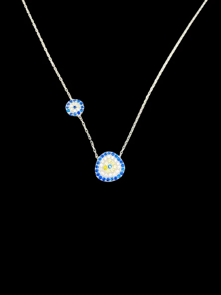 925 Ayar İthal Gümüş Çift Nazar Boncuğu Kolye | Mavi & Sarı Zirkon Taşlı | Şık Özel Tasarım Hediye ürün görseli 1