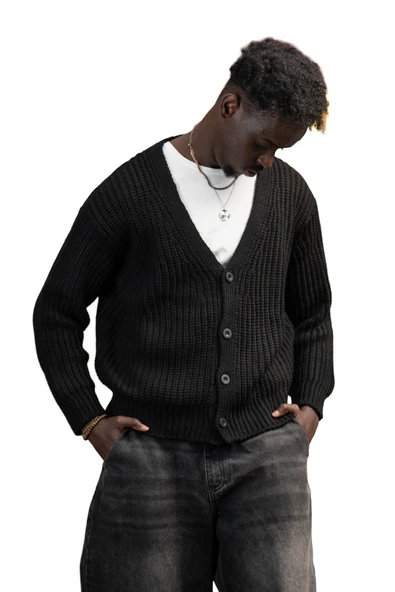 Oversize Crop Model V Yaka Düğme Kapamalı Örgü Hırka - Resim 11