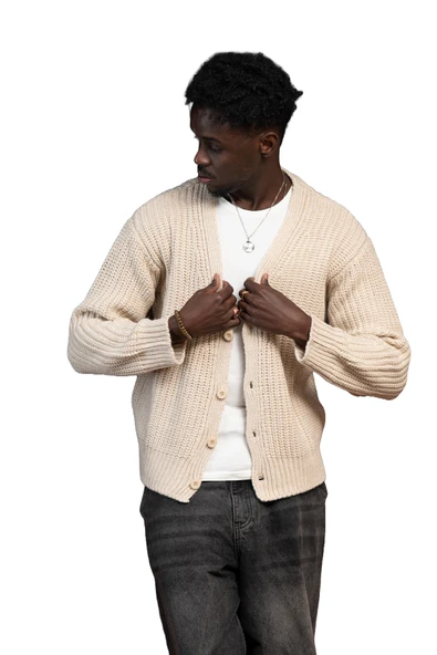 Oversize Crop Model V Yaka Düğme Kapamalı Örgü Hırka - Resim 6