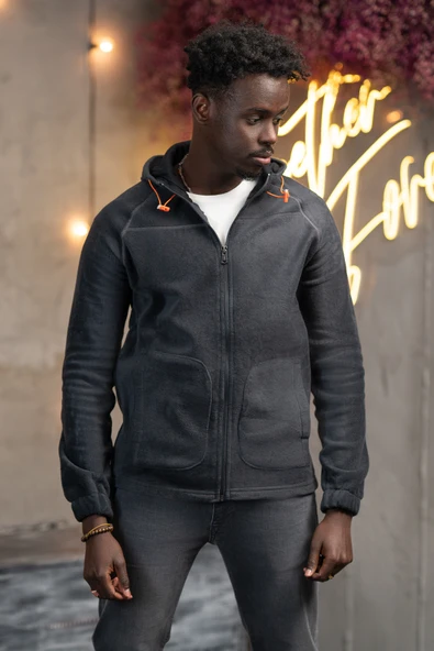 Slimfit Kapşonlu Yan Cepli Fermuarlı Spor Polar Hırka - Resim 2