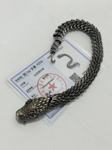 Viking Yılan Başlı 925 Ayar Gümüş Bileklik 25,5cm 83 Gram Sertifikalı - Resim 8