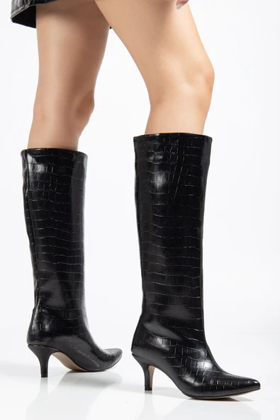 Siyah  Kroko Günlük Kadın Çizme - Resim 3