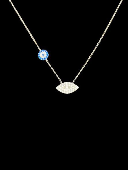 ?️ 925 Ayar İthal Gümüş "Evil Eye" Nazar Boncuğu Kolye | Mavi Zirkon Taşlı | Asimetrik Şık Tasarım ürün görseli