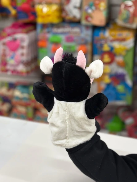 Peluş 25 cm El Kuklası Siyah Beyaz İnek Kukla - Resim 3