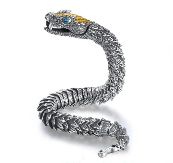 Viking Yılan Başlı 925 Ayar Gümüş Bileklik 25,5cm 83 Gram Sertifikalı ürün görseli