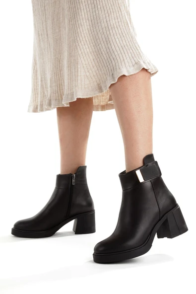 Siyah Hakiki Deri Kalın Topuklu Günlük Kadın Bot Sun44 - Resim 4