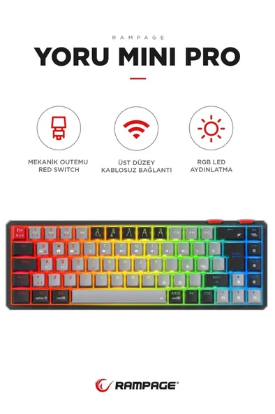 Rampage Yoru Mini Type-c Rgb Red Switch Mekanik Kablosuz Oyuncu Klavyesi 2.4ghz. ürün görseli 1