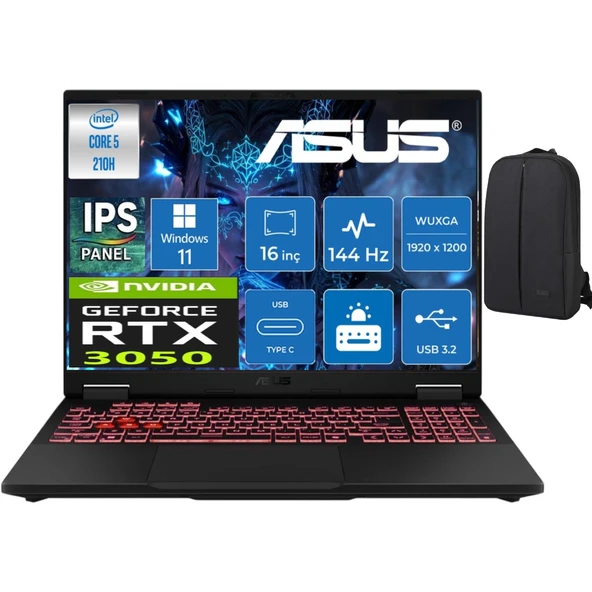Tuf Gaming F16 FX607VJ Intel Core 5 210H 24 GB 512 GB SSD RTX3050 144HZ IPS 16" Wuxga Windows 11 Pro Gaming Laptop RL033 & Cimete Çanta ürün görseli 1