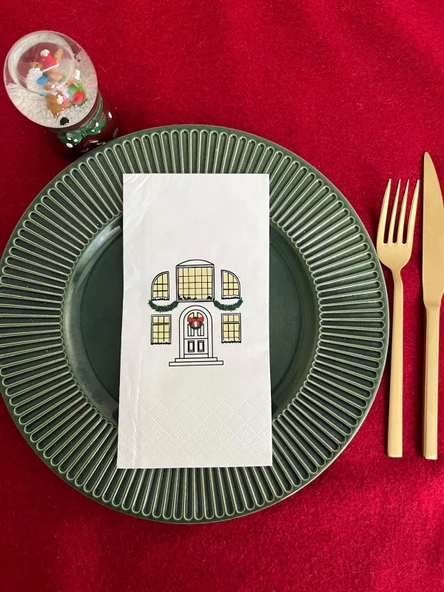 Siyah Beyaz Yılbaşı Evi Baskılı Sunum Peçetesi Beyaz 16 Adet ürün görseli