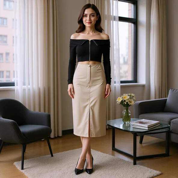 BİÇOMİ Yırtmaçlı uzun deri etek bej ürün görseli 1