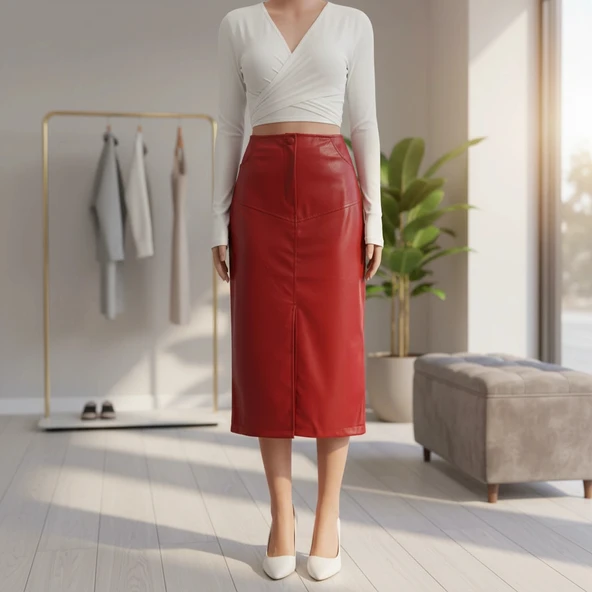 BİÇOMİ Yırtmaçlı uzun deri etek bordo ürün görseli