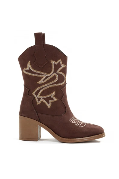 Acı Kahve Rengi Süet Nakışlı Western Kovboy Kadın Bot Bazal - Resim 5