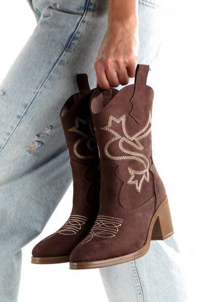 Acı Kahve Rengi Süet Nakışlı Western Kovboy Kadın Bot Bazal ürün görseli 1
