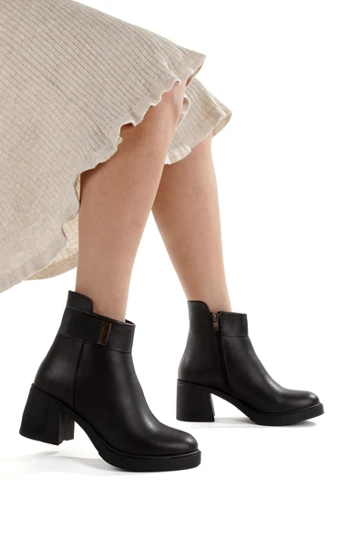 Siyah Hakiki Deri Kalın Topuklu Günlük Kadın Bot Sun44 - Resim 3