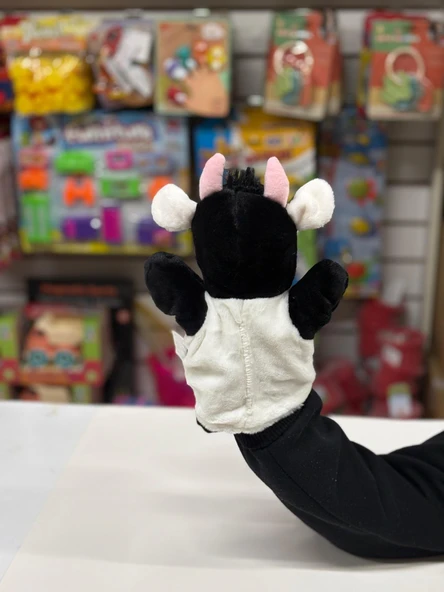 Peluş 25 cm El Kuklası Siyah Beyaz İnek Kukla - Resim 4
