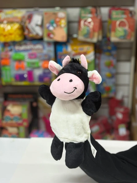 Peluş 25 cm El Kuklası Siyah Beyaz İnek Kukla ürün görseli 1
