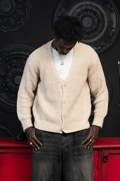 Oversize Crop Model V Yaka Düğme Kapamalı Örgü Hırka - Resim 7