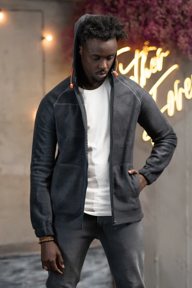 Slimfit Kapşonlu Yan Cepli Fermuarlı Spor Polar Hırka - Resim 4