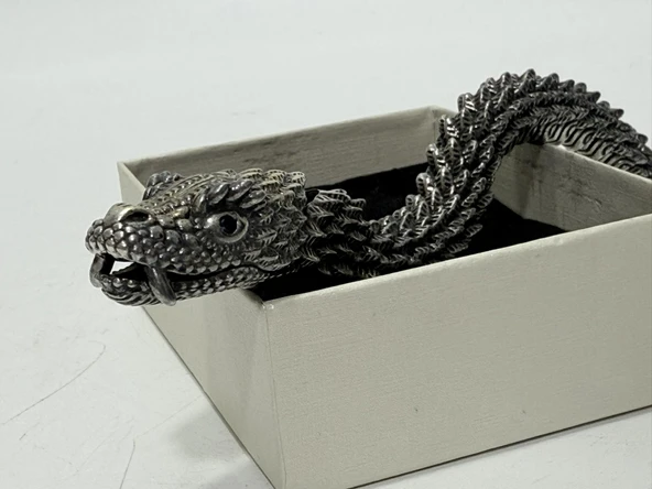 Viking Yılan Başlı 925 Ayar Gümüş Bileklik 25,5cm 83 Gram Sertifikalı - Resim 5