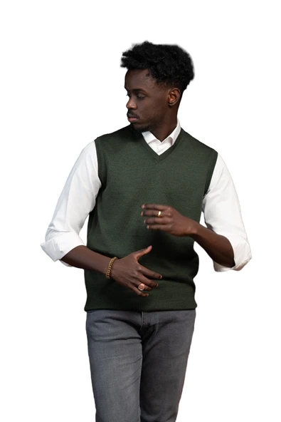 V Yaka Regular Fit Yünlü Kolsuz Triko Süveter - Resim 5