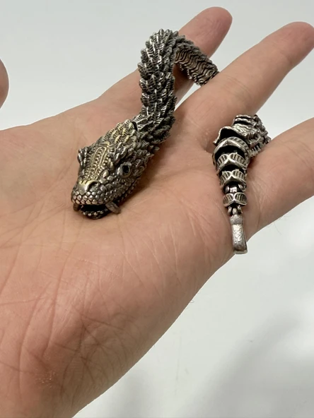 Viking Yılan Başlı 925 Ayar Gümüş Bileklik 25,5cm 83 Gram Sertifikalı - Resim 7