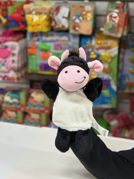 Peluş 25 cm El Kuklası Siyah Beyaz İnek Kukla - Resim 2