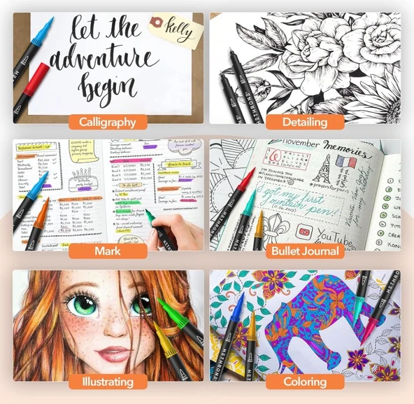 Hethrone Kaligrafi ve Boyama için Çift Uçlu Marker Seti 120 Renk - Resim 5