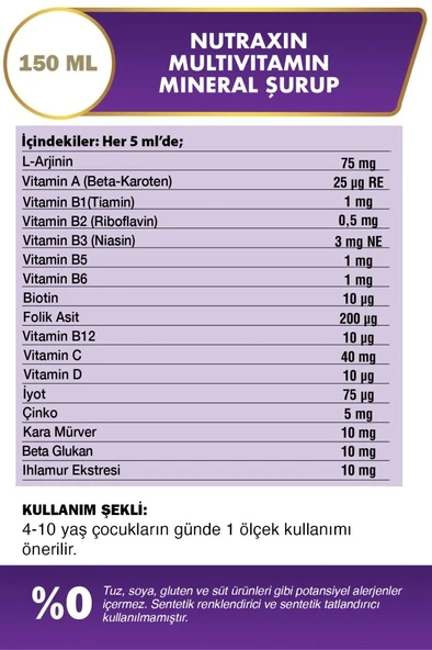 Nutraxin Kids Multivitamin Mineral Şurup 150 Ml - L-Arjinin, Beta-Karoten, Beta Glukan, Kara Mürver - Çocuk - Resim 3