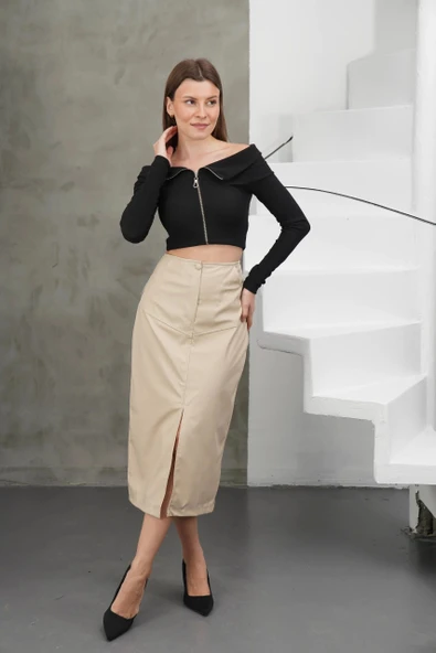 Yırtmaçlı uzun deri etek bej - Resim 7