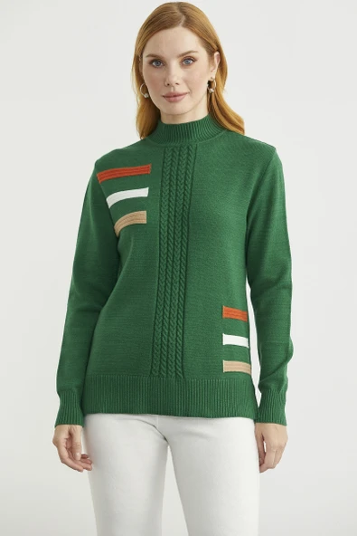 Dik Yaka Renk Detaylı Triko Kazak - Açık Yeşil ürün görseli 1