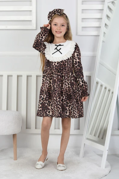 Kız Çocuk Leopar Desenli Uzun Kollu Dantelli Bebe Yakalı Elbise - Resim 8