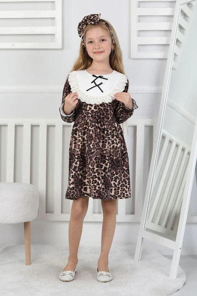 Kız Çocuk Leopar Desenli Uzun Kollu Dantelli Bebe Yakalı Elbise - Resim 7