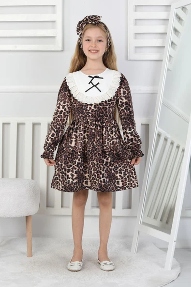 Kız Çocuk Leopar Desenli Uzun Kollu Dantelli Bebe Yakalı Elbise ürün görseli