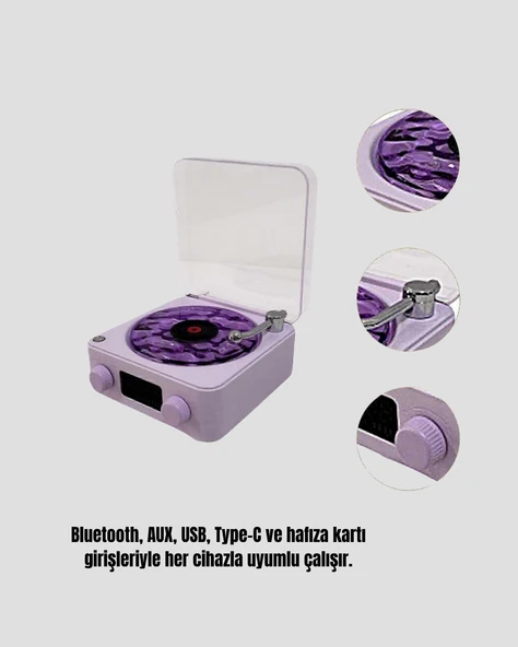 Projektör Işıklı Retro Hoparlör Bluetooth AUX USB Hafıza Kartlı 360° Sesli Şarjlı - Resim 3