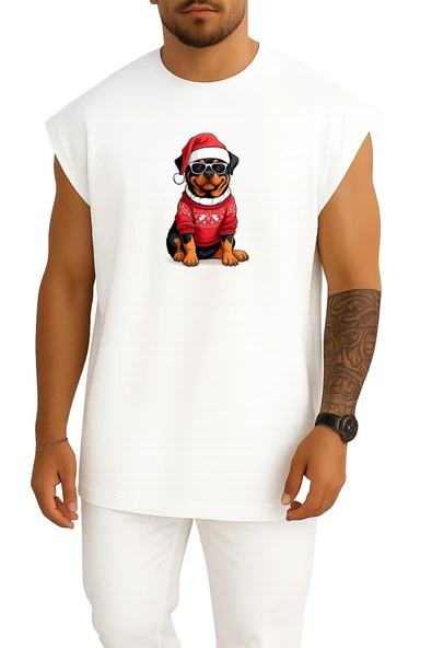 Oversize Yılbaşı Yeni Yıl Köpek Göğüs Baskılı Atlet - Resim 7