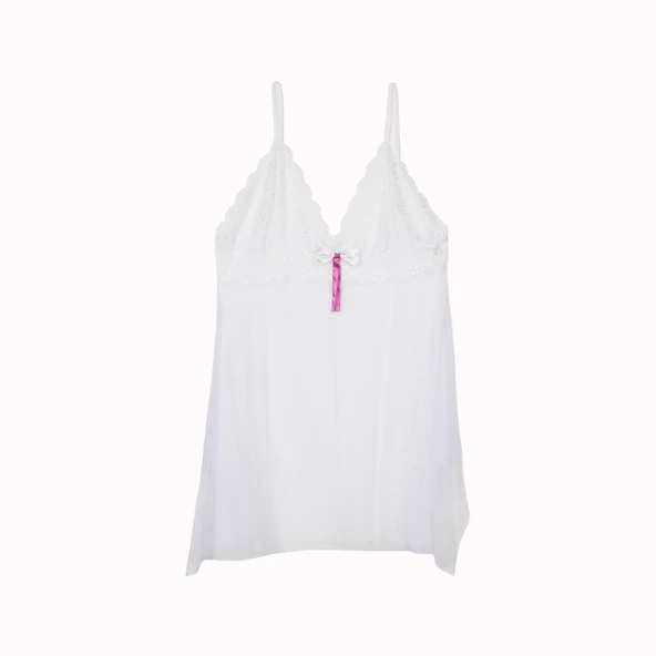 Beyaz Dantelli Tül Gecelik ve Tanga Takım - Resim 2