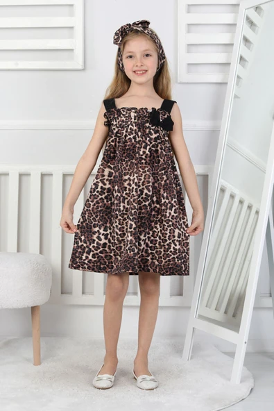 Kız Çocuk Leopar Desenli Şık Fiyonklu Askılı Elbise ürün görseli