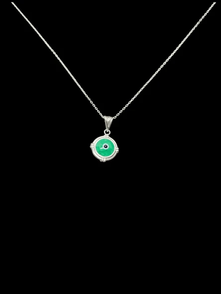 ??️ 925 Ayar İthal Gümüş Yeşil Nazar Boncuğu Kolye | Mint Yeşili & Mavi Göz Pendant | Şık Tasarım ürün görseli