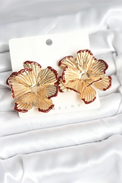 Pirinç Gold Renk Bordo Renk Detaylı Lotus Kadın Küpe ürün görseli 1