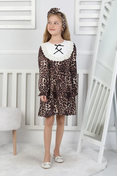 Kız Çocuk Leopar Desenli Uzun Kollu Dantelli Bebe Yakalı Elbise - Resim 2