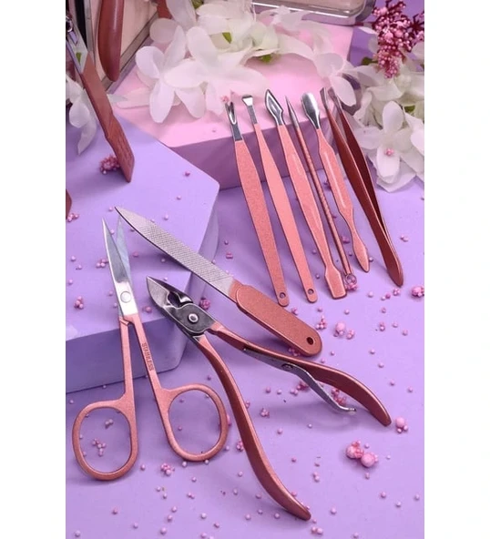 Profesyonel Çantalı Tırnak Bakım Manikür Seti Pembe Renk 12 Parça - Resim 3