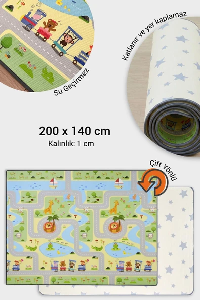 Wellgro Oyun Matı, 200x140x1 cm Çift Taraflı Rulo Oyun Halısı - Resim 2