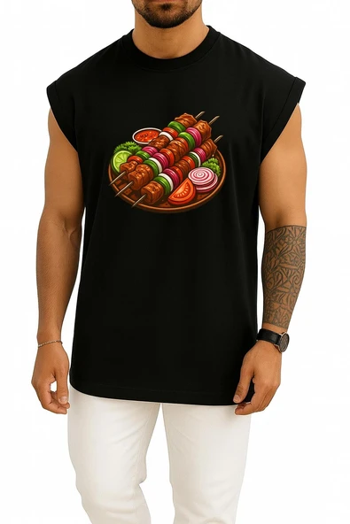 Oversize Çöp Şiş Tavuk Şiş Izgara Göğüs Baskılı Atlet - Resim 9