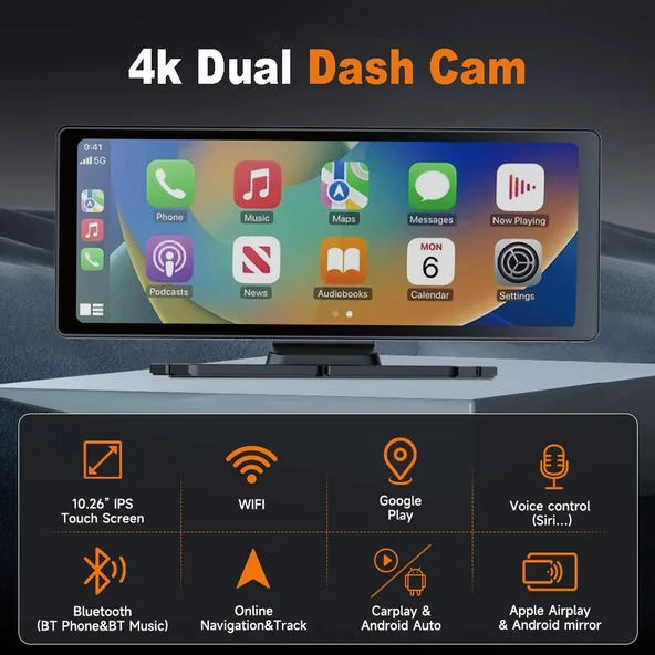 Çeşithane 10.26” 4K CarPlay & Android Auto Araç DVR – 2160P Ultra HD, 360° Döner Kamera, 5G WiFi, GPS Navigasyon - Resim 2
